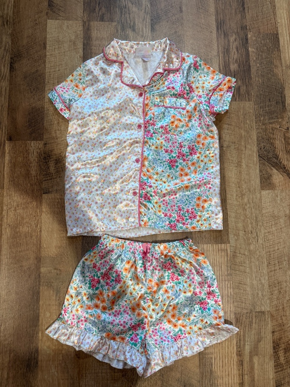 Girls Floral Short Pajama Set - Pink, Orange & Green